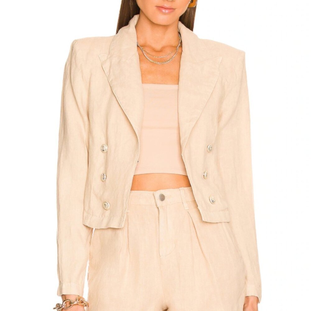 L'AGENCE 'Dolly' Double-Breasted Cropped Linen Blazer Jacket, Sand